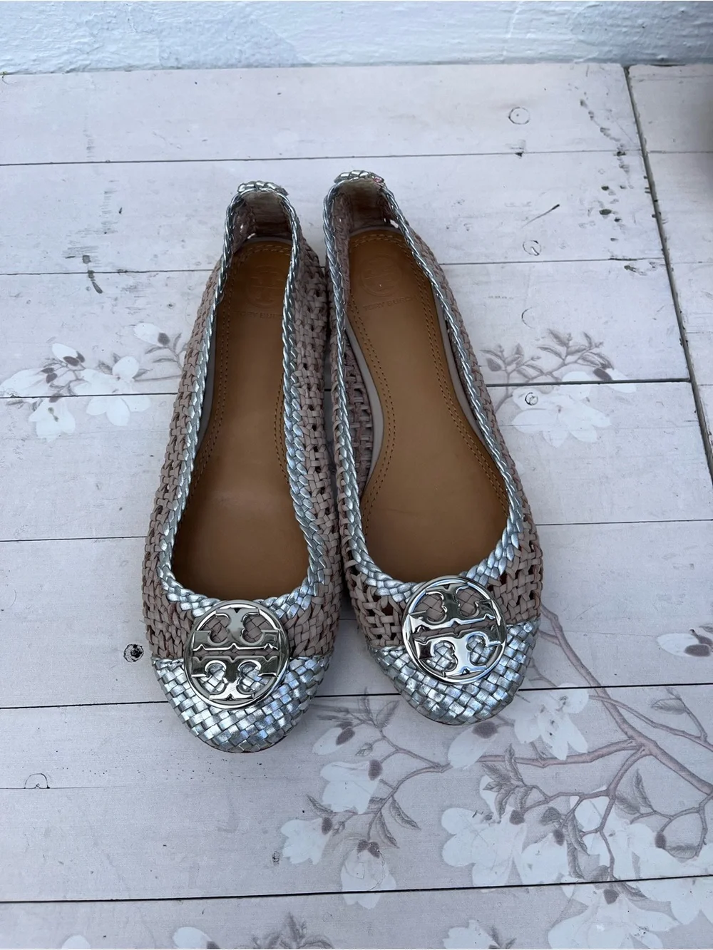 Woven Metallic-Trim Ballet Flats in Taupe